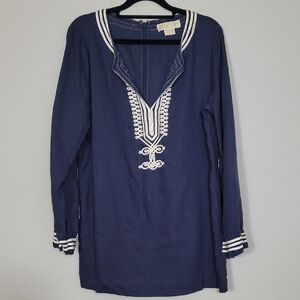 Michael Kors 100% Linen Tunic Top Size M Blue Navy White Embroidered Coastal